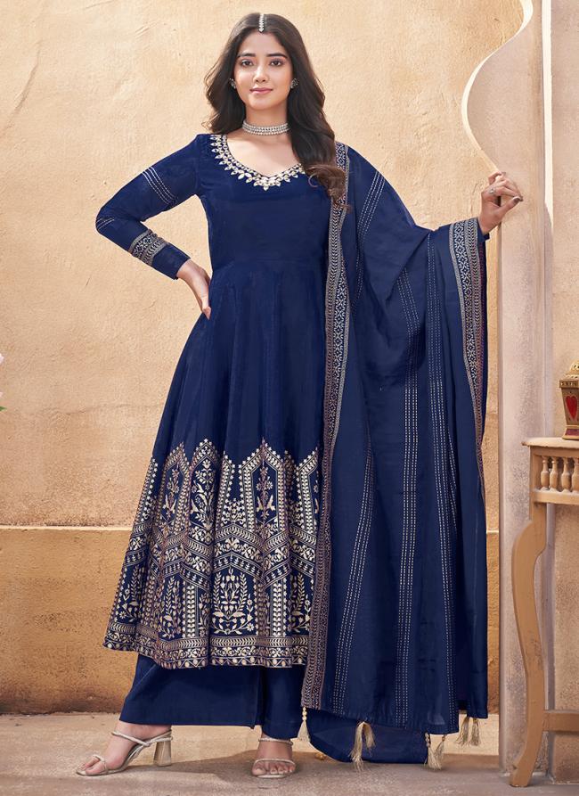 Roman Silk Navy Blue Ceremonial Wear Mirror Work Readymade Anarkali Suit